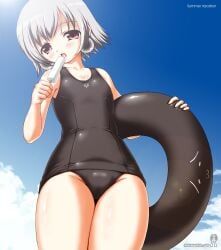 mayura, ukagaka, female, inner_tube, licking_ice_cream