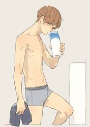 shirabu_kenjirou, boxer_briefs, brown_eyes, brown_hair, drinking_milk