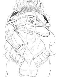 1futa, balls, big_breasts, clothed, erection