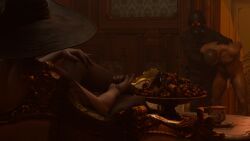 alcina_dimitrescu, hunk_(resident_evil), resident_evil, 2boys1girl, beckoning