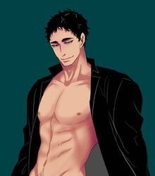matsukawa_issei, abs, black_coat, black_eyes, black_pubes