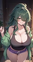 original, blue_shorts, breasts, female, green_eyes