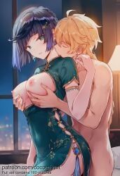 aether_(genshin_impact), yelan_(genshin_impact), genshin_impact, cocomiyart, 1boy