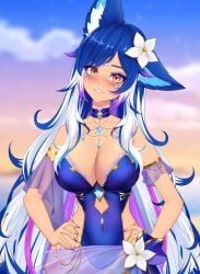 indie_virtual_youtuber, big_breasts, blue_hair, blushing, bodysuit