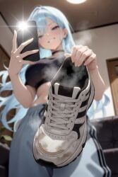 1girls, blue_hair, femdom, foot_fetish, long_hair