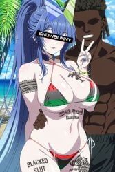 new_jersey_(azur_lane), new_jersey_(midsummer_leisure)_(azur_lane), azur_lane, blacked, arm_around_waist