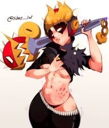 bibi_(brawl_stars), justice_smasher_bibi_(brawl_stars), abs, amused, black_nails