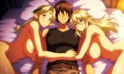 almia_agraliel, ephildis_agraliel, kyonyuu_elf_oyako_saimin, 1boy, 2girls