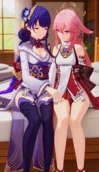 raiden_shogun, yae_miko, genshin_impact, 2girls, animal_ears