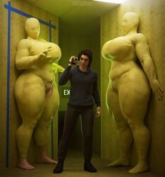 backrooms, sandreiio, 1boy, 2girls, belly