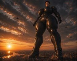 oc, armored_boots, armored_female, black_hair, cityscape