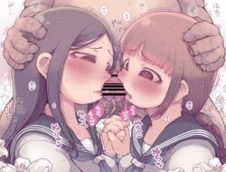 ibukichi, 1boy, 2girls, balls, black_eyes
