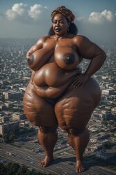 original_character, belly_bulge, city, dark-skinned_female, female