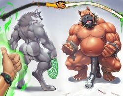 2boys, anthro, ass, bara, battle