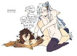neuvillette_(genshin_impact), zhongli_(genshin_impact), genshin_impact, 2boys, blush