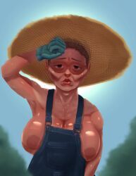 armpits, big_areola, brown_hair, farmer, gardener
