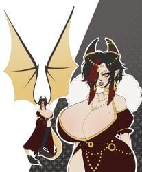 morgalith_(furel), morteest, black_and_red_hair, breasts_bigger_than_head, dragon_horns
