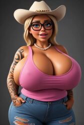 original_character, big_breasts, blonde_hair, chubby, cowboy_hat