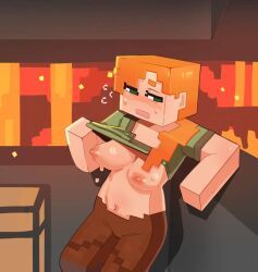 alex_(minecraft), minecraft, artist_request, huge_breasts, lifting_shirt