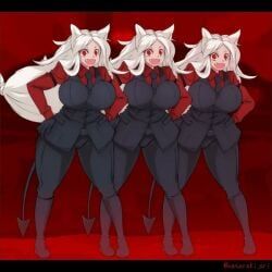 cerberus_(helltaker), helltaker, hataraki_ari, 3girls, dancing