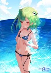 uruha_rushia, hololive, bikini, green_hair, red_eyes