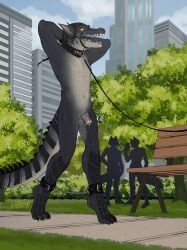junkieboi, anthro, balls, bench, chastity_cage