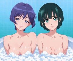 botan_nagatsuki, sakuraba_aoi, 2girls, bathtub, blue_eyes