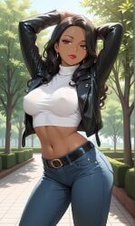 1girl, abdomen, arms_up, bare_midriff, belly_button