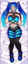 1girls, abs, blue_eyes, blue_hair, earrings