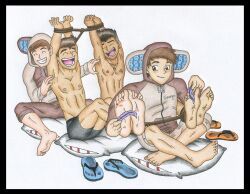 trueticklefanatic, 4boys, bondage, boy_band, discarded_flip_flops