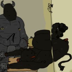 anthro, balls, belly_hair, biped, black_body