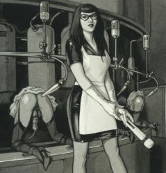 sardax, 1girls, 3boys, apron, bondage