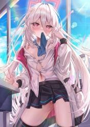 kei_(blue_archive), blue_archive, 1girl, adjusting_hair, black_skirt
