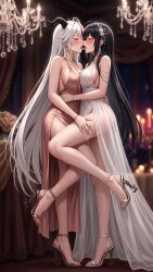 azur_lane, 2girls, ballroom, bare_shoulders, black_footwear