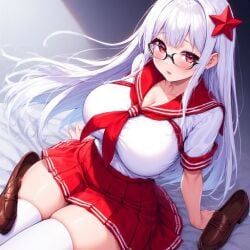 loji, big_breasts, big_thighs, glasses, red_eyes