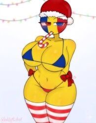 romania_(countryhumans), countryhumans, countryhumans_girl, kak0yt0_chel_style, blue_bikini_top