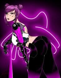 rita_wheeler, cyberpunk_2077, baseball_bat, brown_eyes, cybernetic_arm