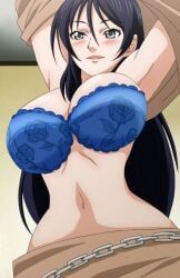 kotobuki_yuri, nozoki_ana, big_breasts, black_hair, blue_bra