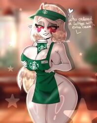 charlie_morningstar_(hazbin_hotel), hazbin_hotel, starbucks, m1ddi3kira_(artist), apron_only