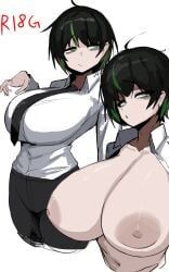 hokkairo, 1girls, black_hair, breasts, collared_shirt