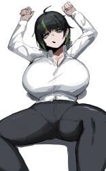 hokkairo, 1girls, black_hair, breasts, collared_shirt