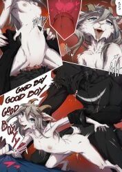 abdominal_bulge, alpine_goat, anthro, bed, bed_sheet