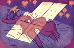 android, armpit_hair, ass, bed, bedroom_eyes