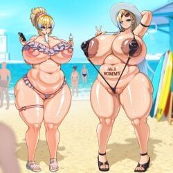 original, wet_tea, 2girls, areola_slip, arm_behind_head