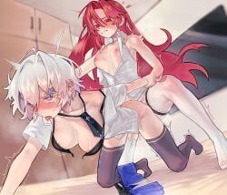 original, 2girls, ^^^, all_fours, areola_slip