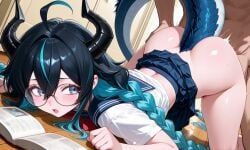 original, black_hair, blue_eyes, blue_hair, dragon_girl