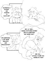 anthro, bedroom_eyes, blush, bodily_fluids, brother_(lore)