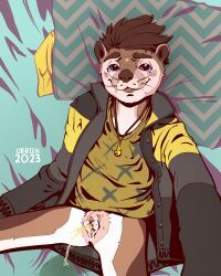 obrien_(artist), anthro, bed, bodily_fluids, bottomless
