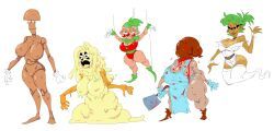 cheese_monster_(pizza_tower), mushroom_monster_(pizza_tower), pineapple_monster_(pizza_tower), sausage_monster_(pizza_tower), tomato_monster_(pizza_tower)