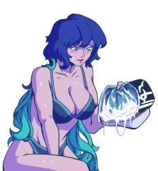 1girls, after_ejaculation, bikini, blue_hair, blue_hair_female